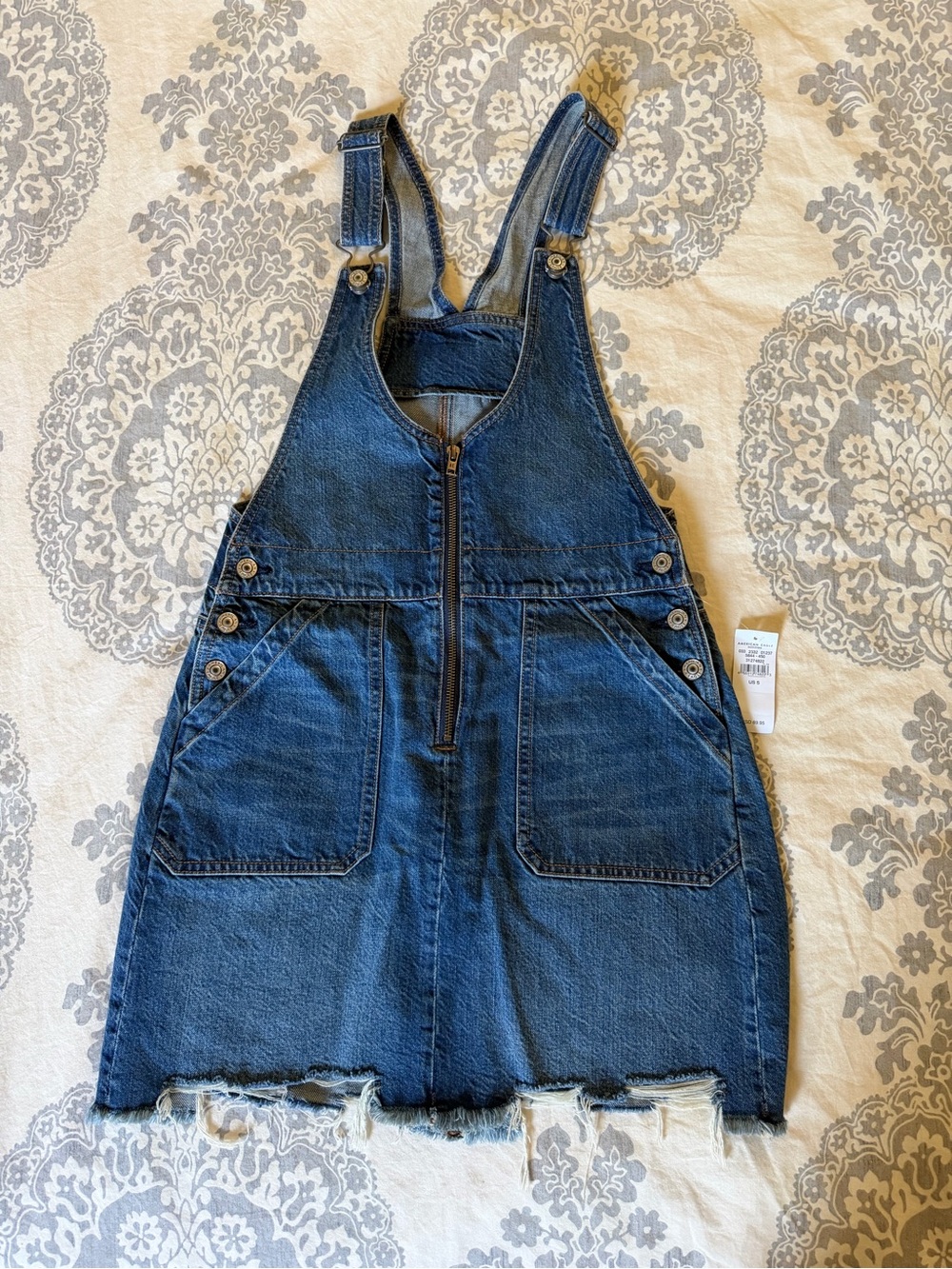 American Eagle Outfitters Dark Blue Denim Zip-Front Pinafore Skirt